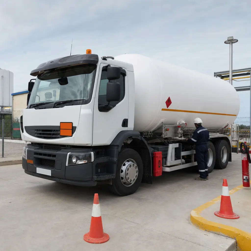 Camion-citerne de propane dans une base d’exploitation sécurisée, avec contrôle visuel et ambiance industrielle réaliste.